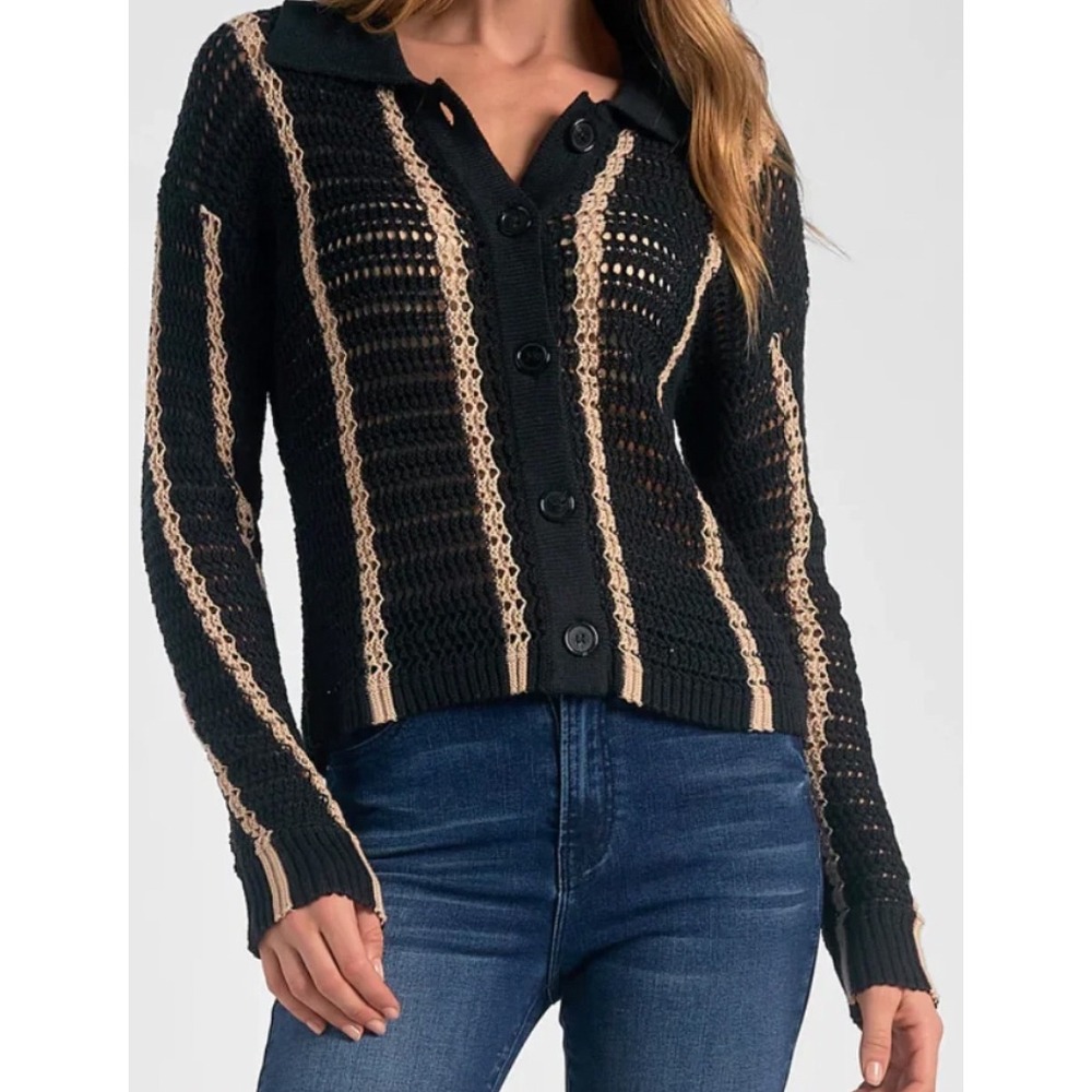 Elan Striped Crochet Knit Button Front Collar Cardigan Boho Black Tan Womens XS